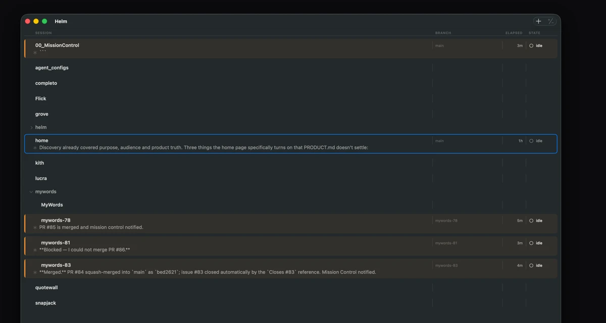 The Helm macOS app: a dark single-window list of coding sessions grouped by project, each row showing its branch, elapsed time and state.