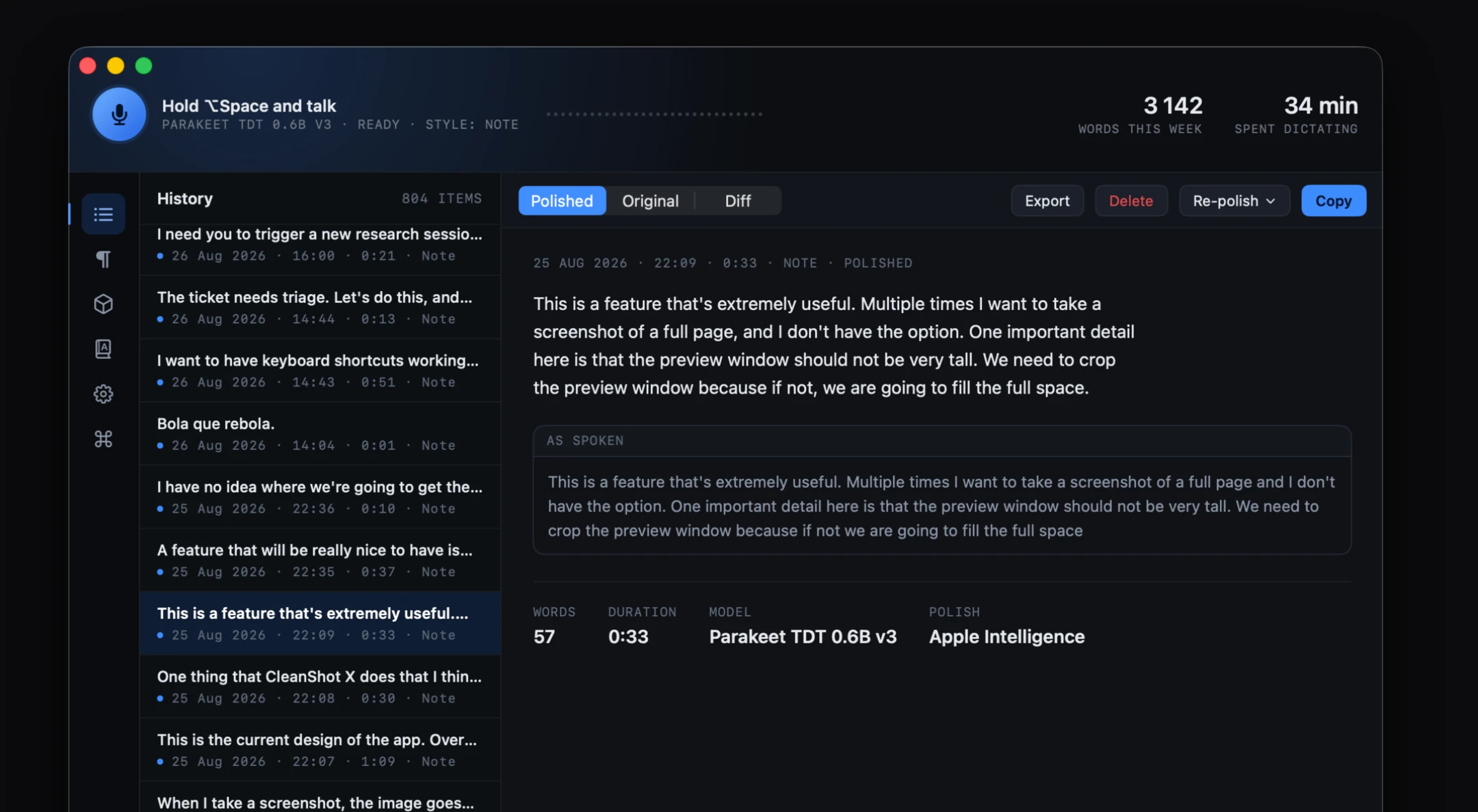 The MyWords macOS app: a dark two-column window with a history of dictations on the left and the polished text beside the original transcript on the right.