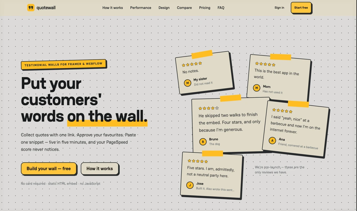 The Quotewall marketing page: a headline reading “Put your customers’ words on the wall” beside a set of taped-up testimonial cards on a dotted grey ground.